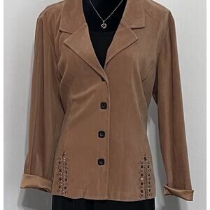 VTG Womens Faux Suede 90s Y2K Jacket Brown Tan Beaded Sz 18 Blazer Career